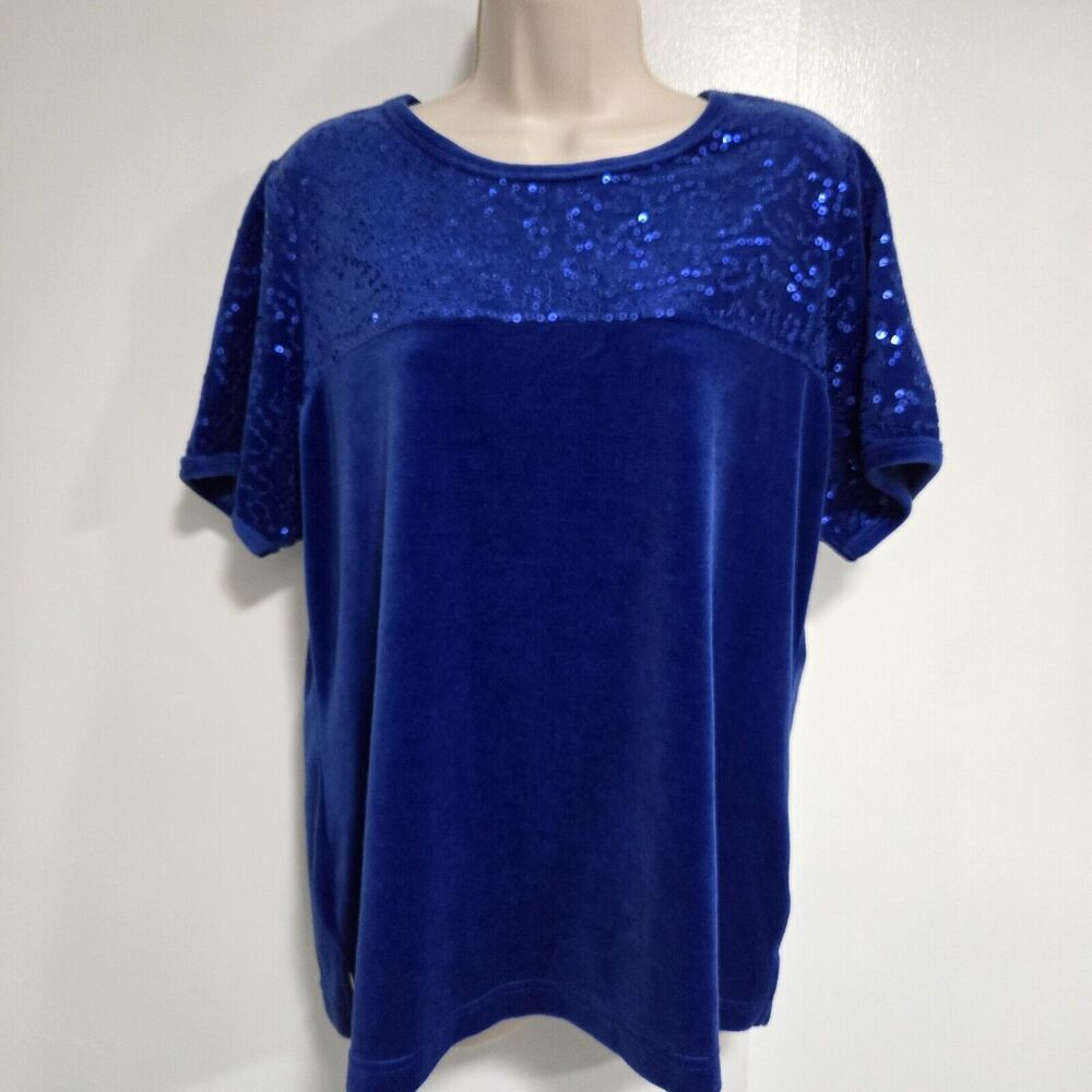 Quacker Factory Size M Cobalt Blue Velvet Sequin‎ Short Sleeve Stretch  Knit Top